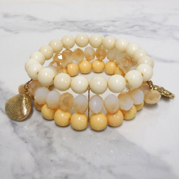 Beaded Layered Beach Style Bracelet | 3-String Ocean Charm Shell & Fish Accents - Picture 1 of 4